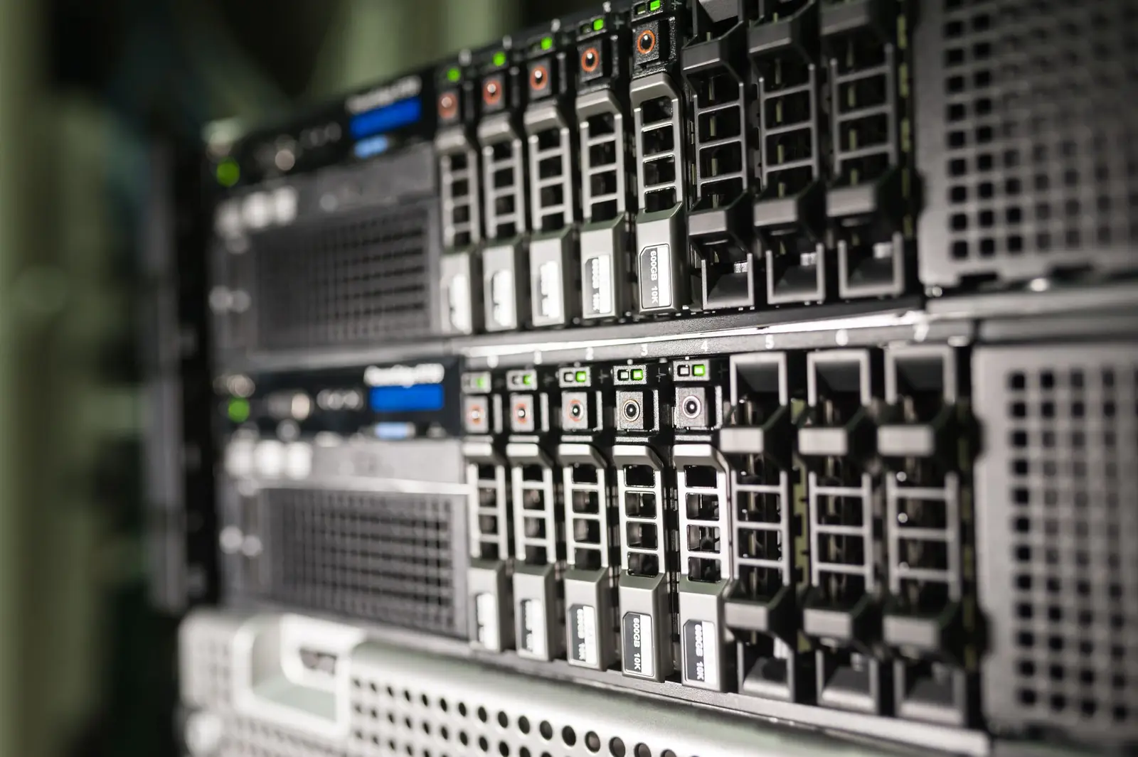 Close-up of cables plugged into a storage server.